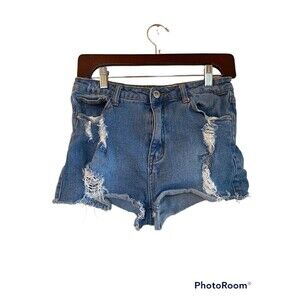 Papaya Jean Shorts Women’s Juniors L  High Rise Distressed Blue Denim